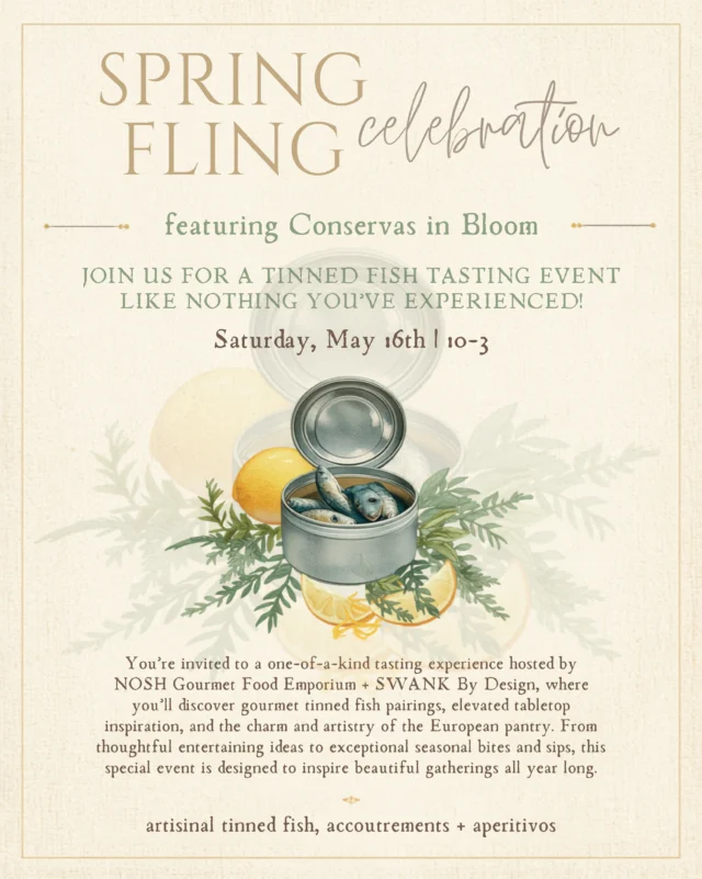 You’re Invited! 
Spring Fling Celebration: Conservas in Bloom
Saturday, May 16 from 10a - 3p

✨ Join us for a tinned fish tasting event like nothing you’ve  experienced!

✨ A joyful celebration of the season featuring curated new arrivals, light bites, aperitivos, and a refreshing dose of inspiration - because spring is simply too lovely not to be savored, even if it’s taking its good old sweet time getting here. ;)

✨ Swipe left for all the details! #seeyouthere

#brickandmortar 
#lifestyleshop 
#tinnedfish 
#spring