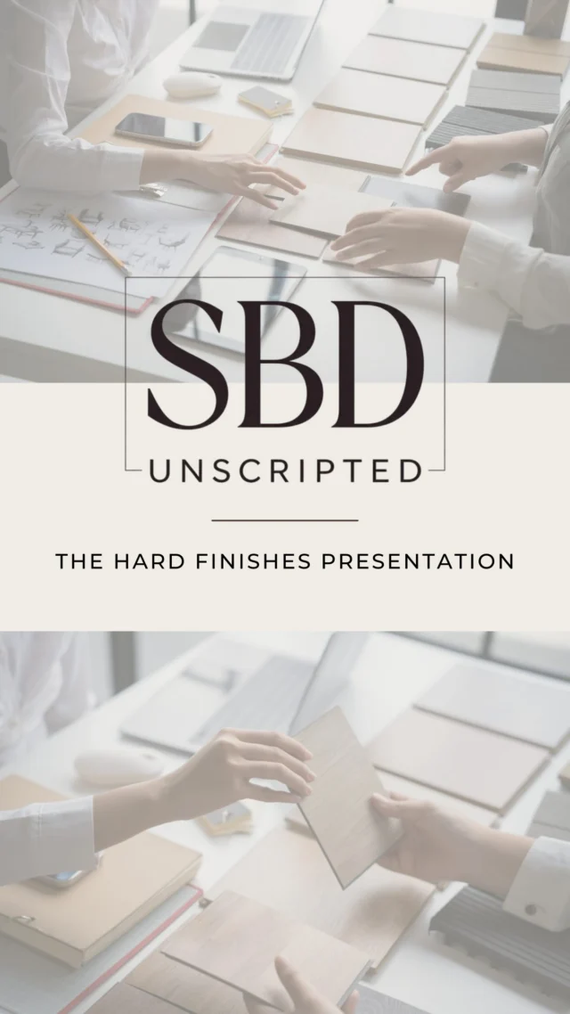 Welcome to SBD Unscripted, a weekly feature answering your most pressing questions about the design process. 

What we do. How we do it. Why we do it.

The layers behind the design. The artistry behind the atmosphere. The intentional process, thoughtful conversations, seamless collaboration, and creative strategy that guide every service we provide and shape every space we create.

Consider this your all-access pass. ✨

This week we’re answering the question: What is a hard finishes presentation?

A hard finishes presentation is where we curate and present all of the fixed material selections that shape the foundation of a space. This typically includes flooring, tile, cabinetry, countertops, plumbing fixtures, hardware, paint selections, and decorative lighting - all thoughtfully layered together to ensure a cohesive overall design vision.

It is one of the most important phases of the design process, as these selections establish the tone, functionality, and long-term aesthetic of the home.

Curious about how we work? Drop your questions in the comments below and we may feature them in an upcoming SBD Unscripted! 👇